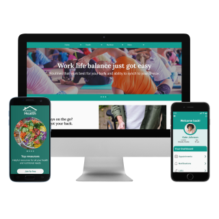 Mockup of home page on imac, and two mobile devices.